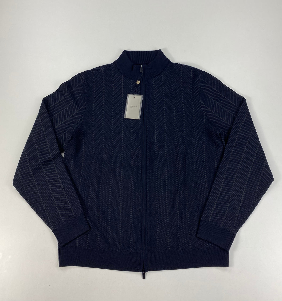 Armani Collezioni Maglione Full Zip Blu Navy a Spina di Pesce Grigia in Lana Vergine – foto 1 di 9