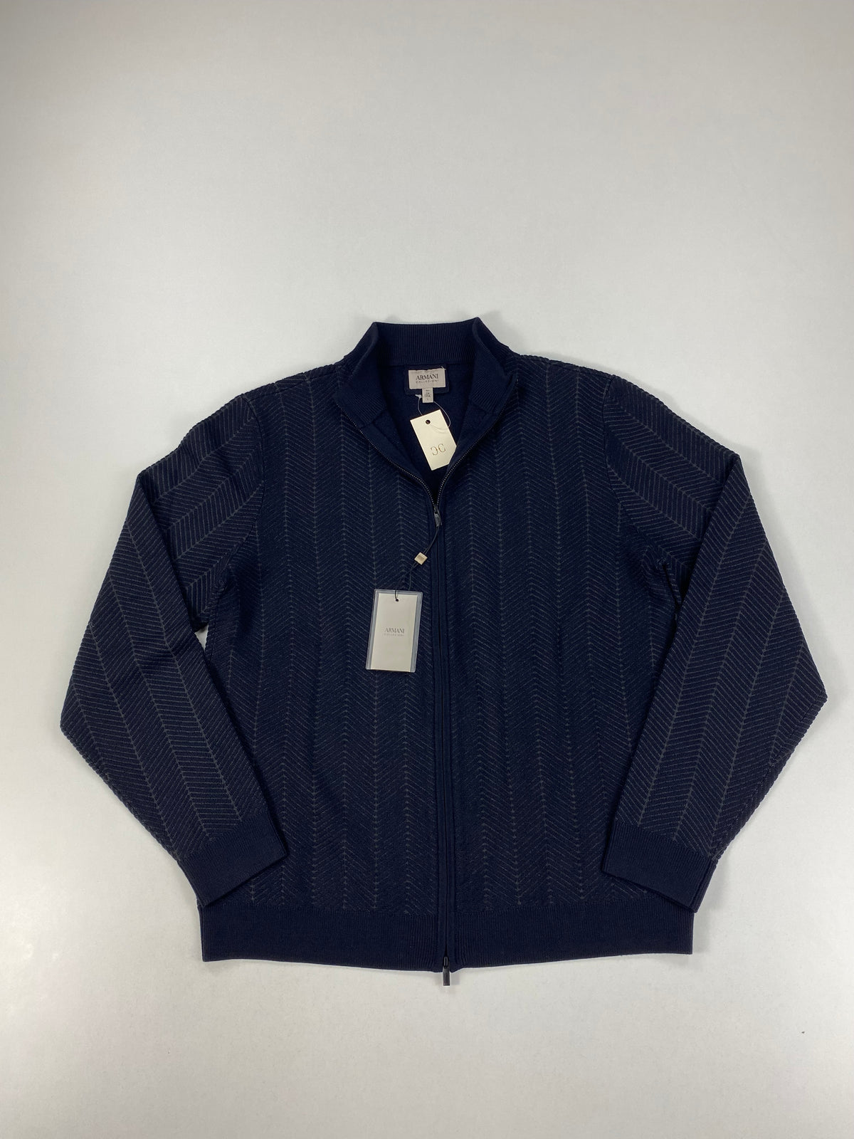 Armani Collezioni Maglione Full Zip Blu Navy a Spina di Pesce Grigia in Lana Vergine – foto 6 di 9