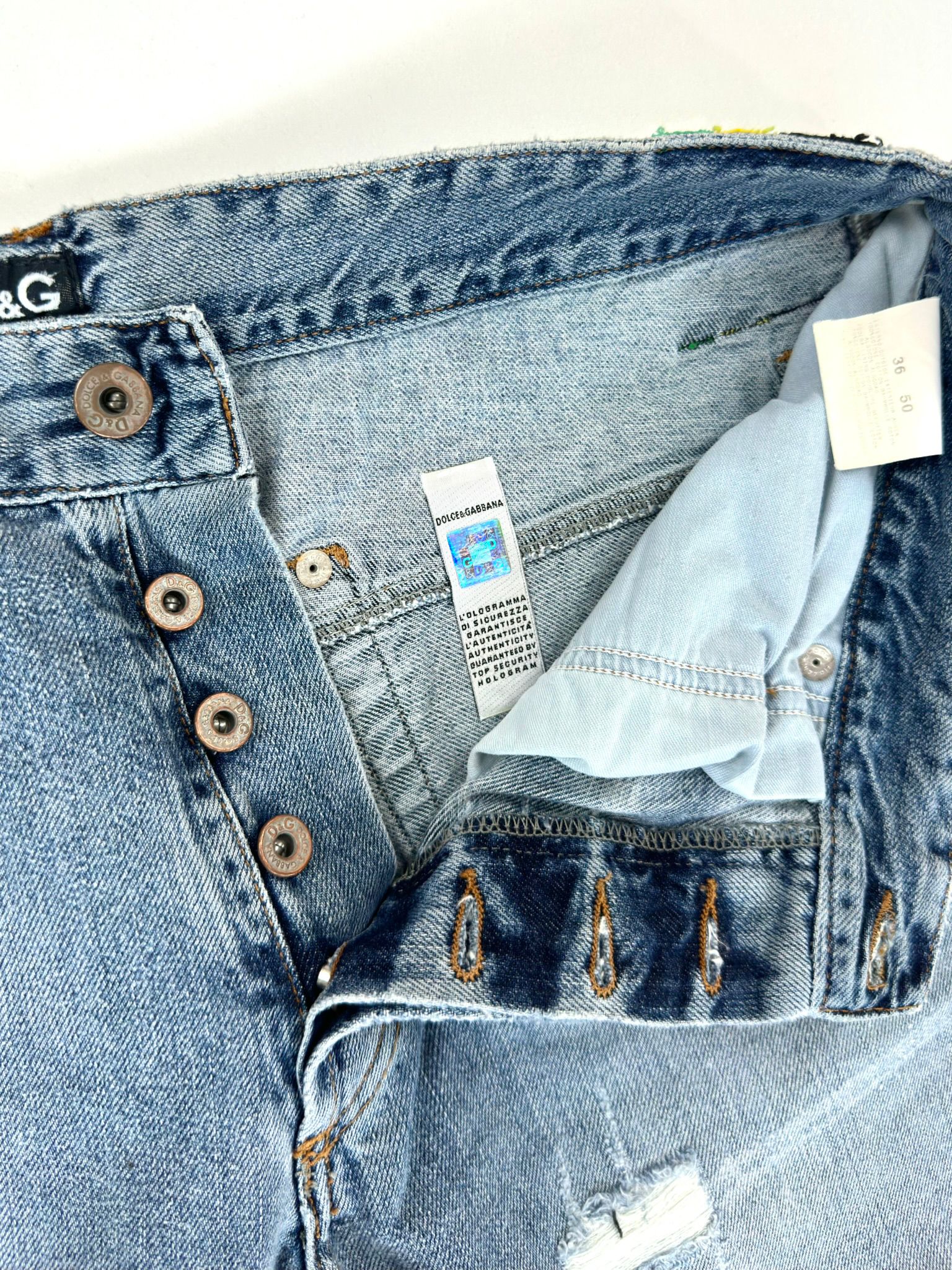 D&G Dolce & Gabbana Jeans Uomo 36 Blu Destroyed con Banda Laterale
