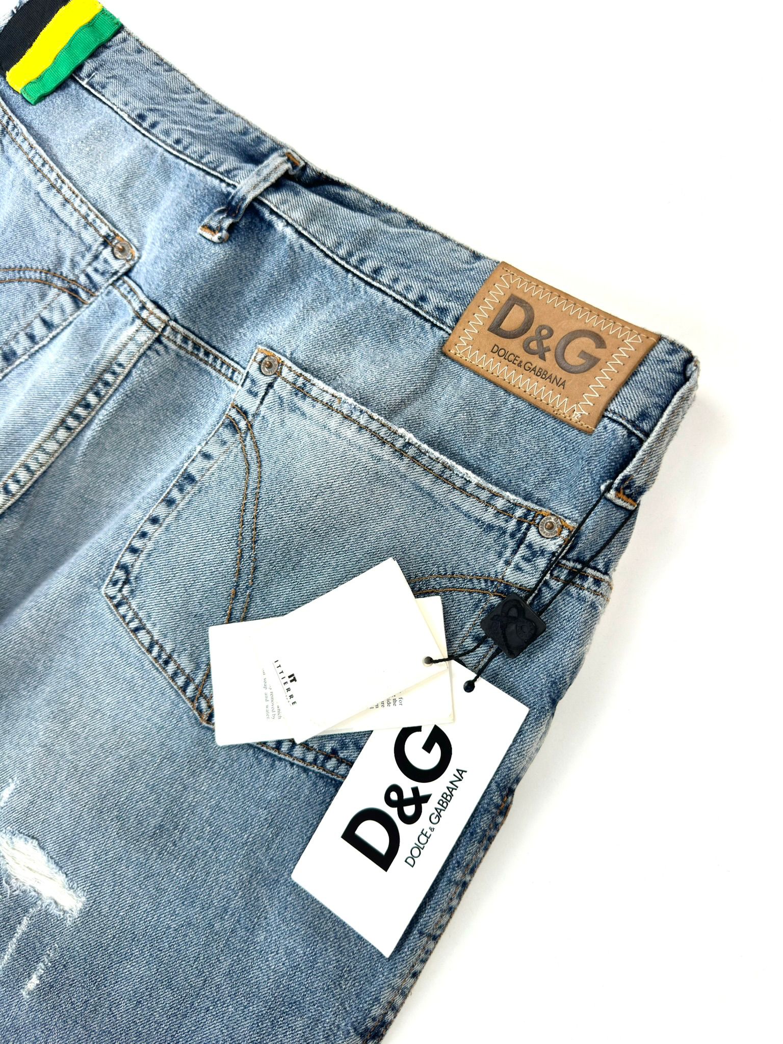 D&G Dolce & Gabbana Jeans Uomo 36 Blu Destroyed con Banda Laterale