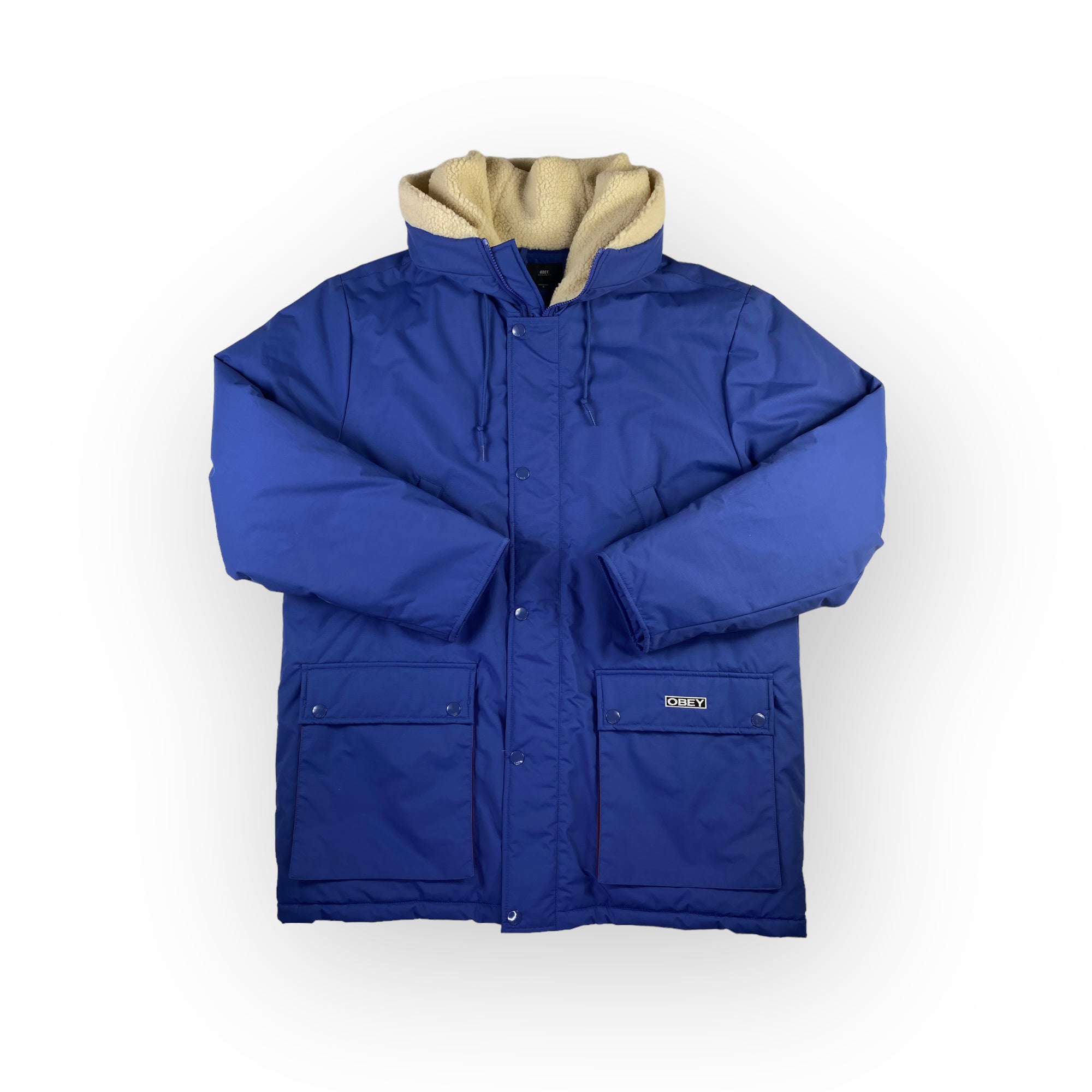 Giubbotto Obey blu parka con cappuccio bianco, taglia M — IlBotteghino