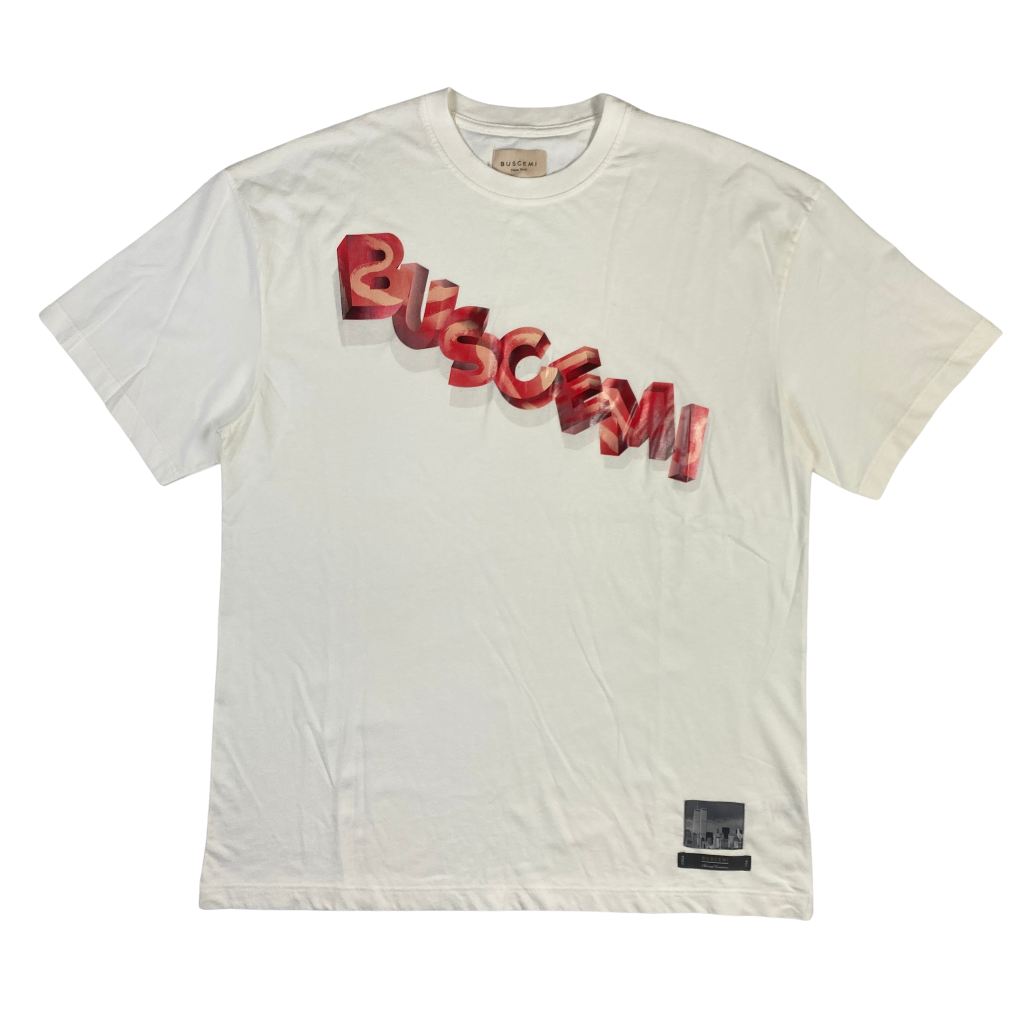 T-shirt Buscemi bianca con scritta rossa e foto New York, taglia XL — IlBotteghino