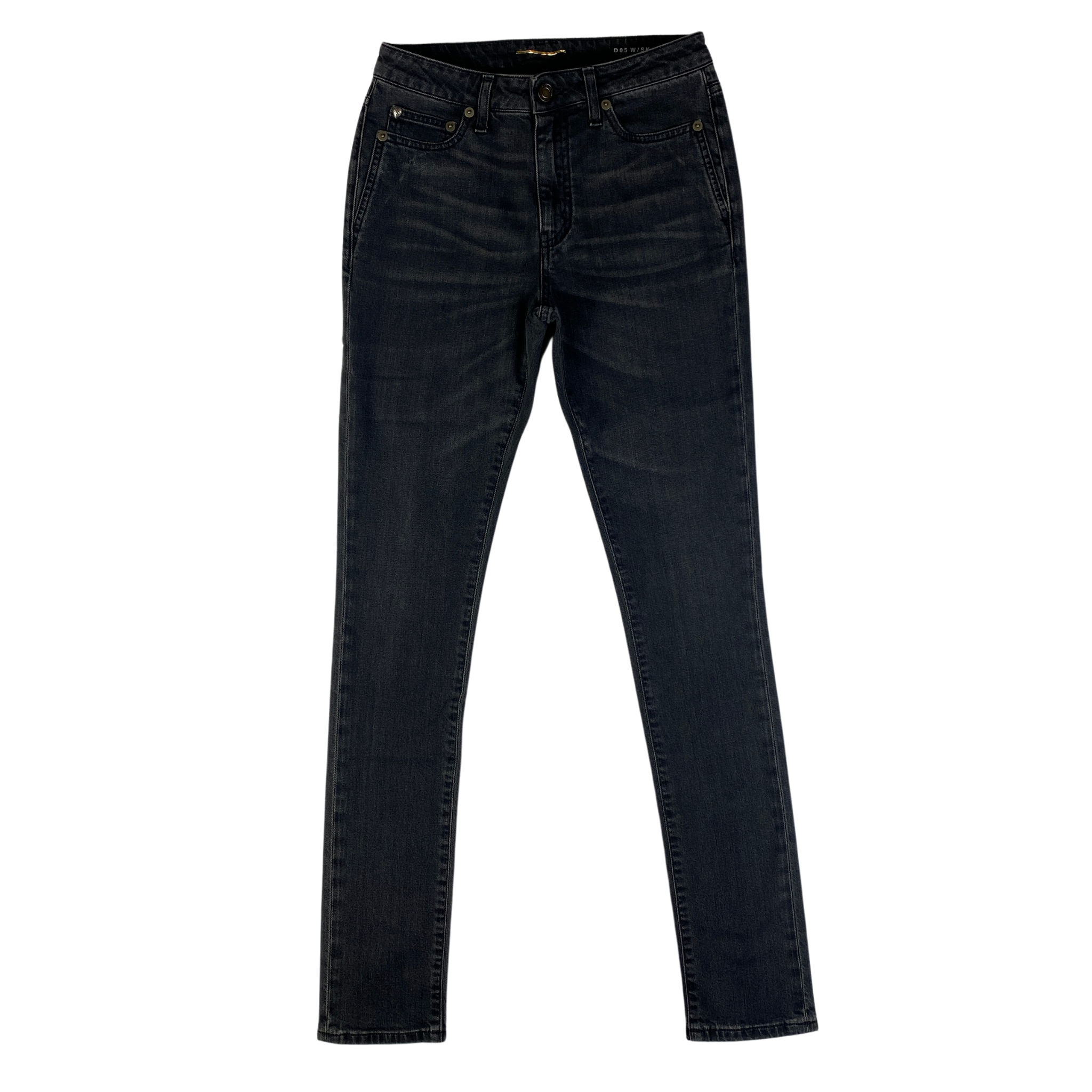 Jeans Saint Laurent nero sbiadito con borchia a cuore da donna, taglia 25US — IlBotteghino