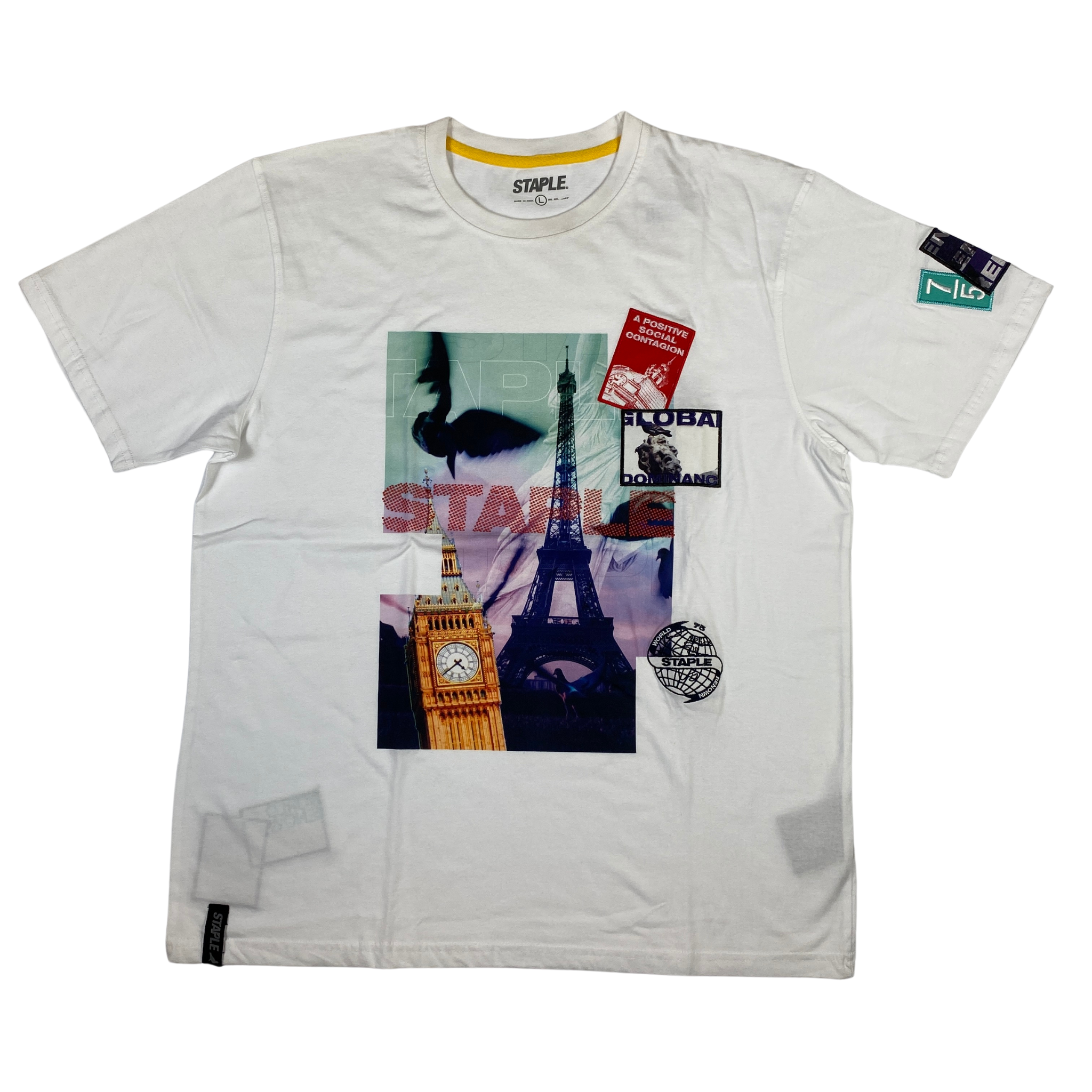 T-shirt Staple bianca con collage stampato sul petto, taglia L — IlBotteghino