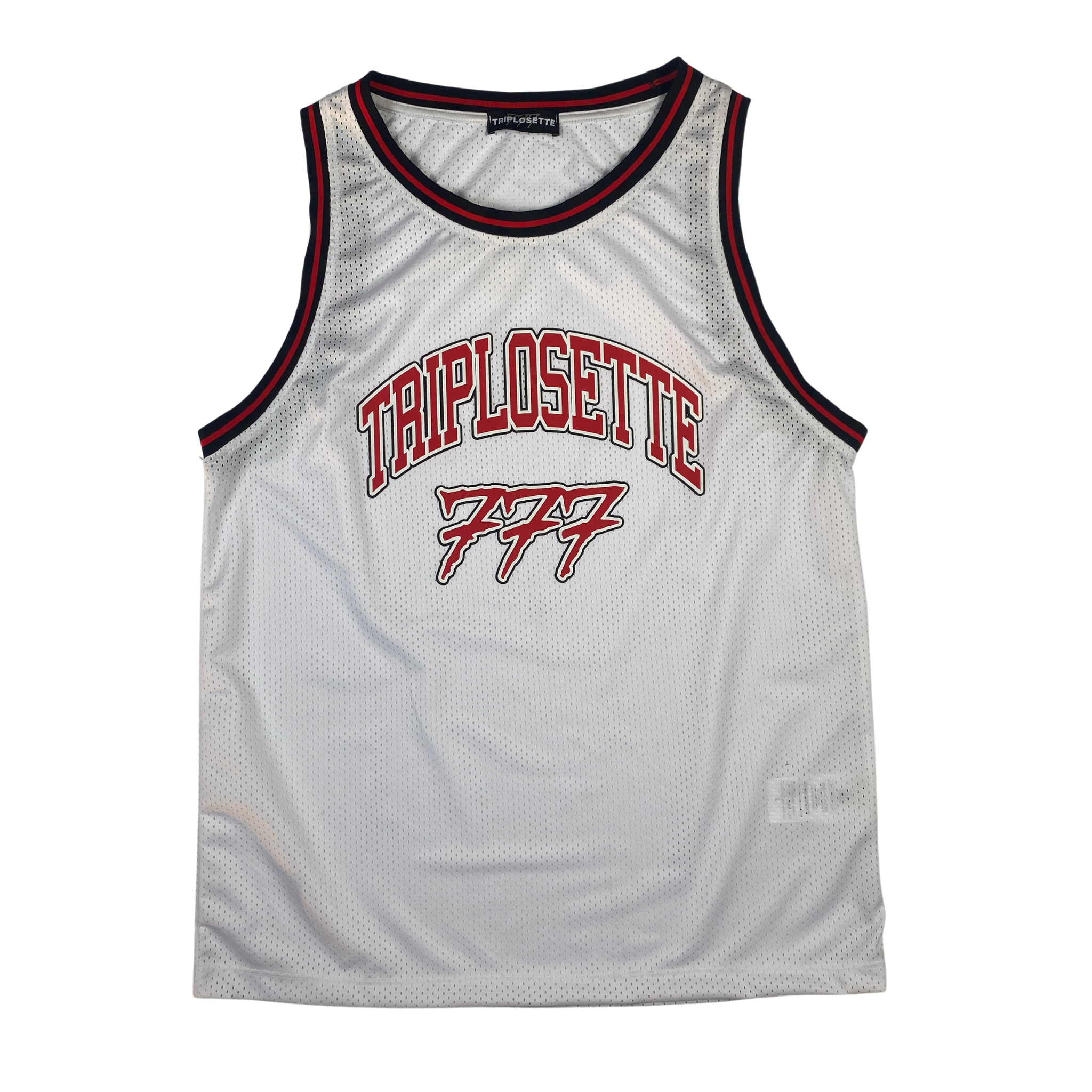 Canotta da basket 777 bianca e rossa in poliestere, taglie L e XL — IlBotteghino