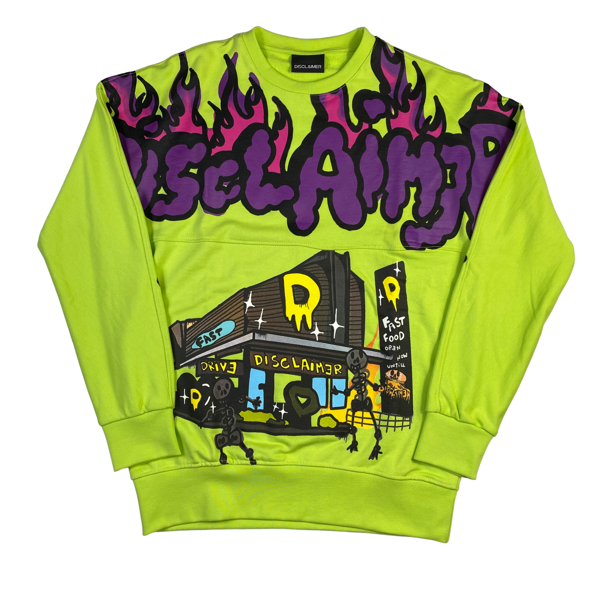 Felpa Disclaimer verde fluo con scritte viola, taglia M — IlBotteghino