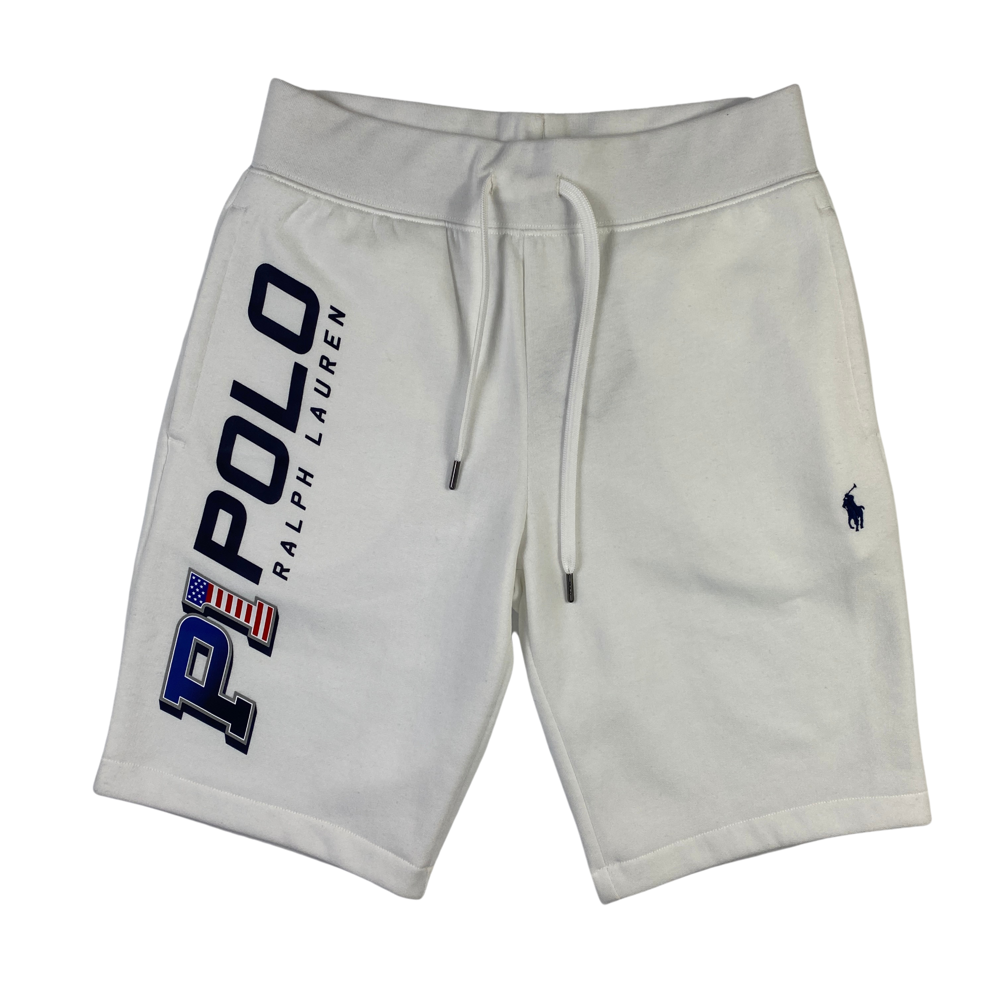 Pantaloncini Polo Ralph Lauren bianco con scritta blu, taglia XS — IlBotteghino