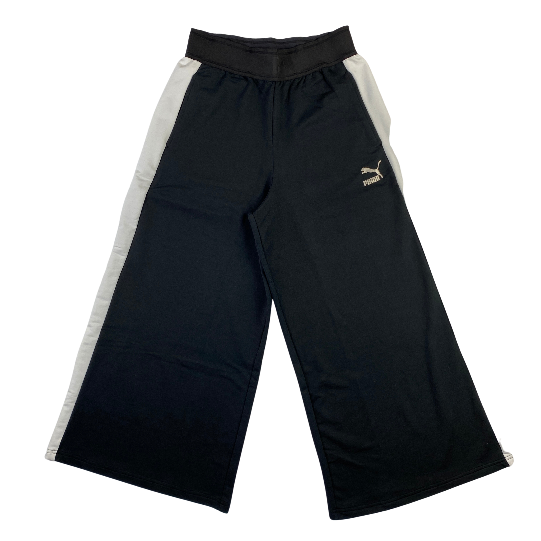 Pantalone tuta Puma nero a zampa con bande bianche, taglie S, L, XL — IlBotteghino