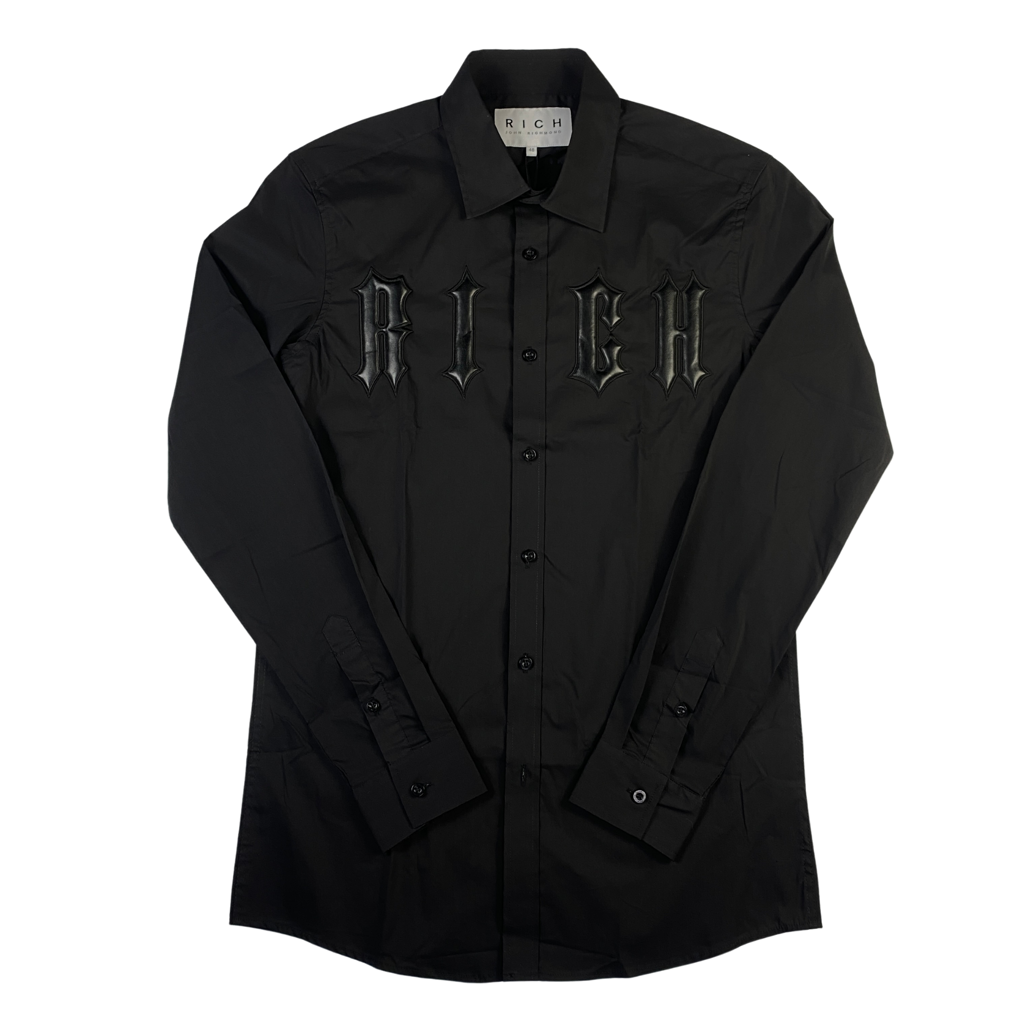 Camicia John Richmond nera con logo in pelle, taglie IT 48 e IT 50 — IlBotteghino