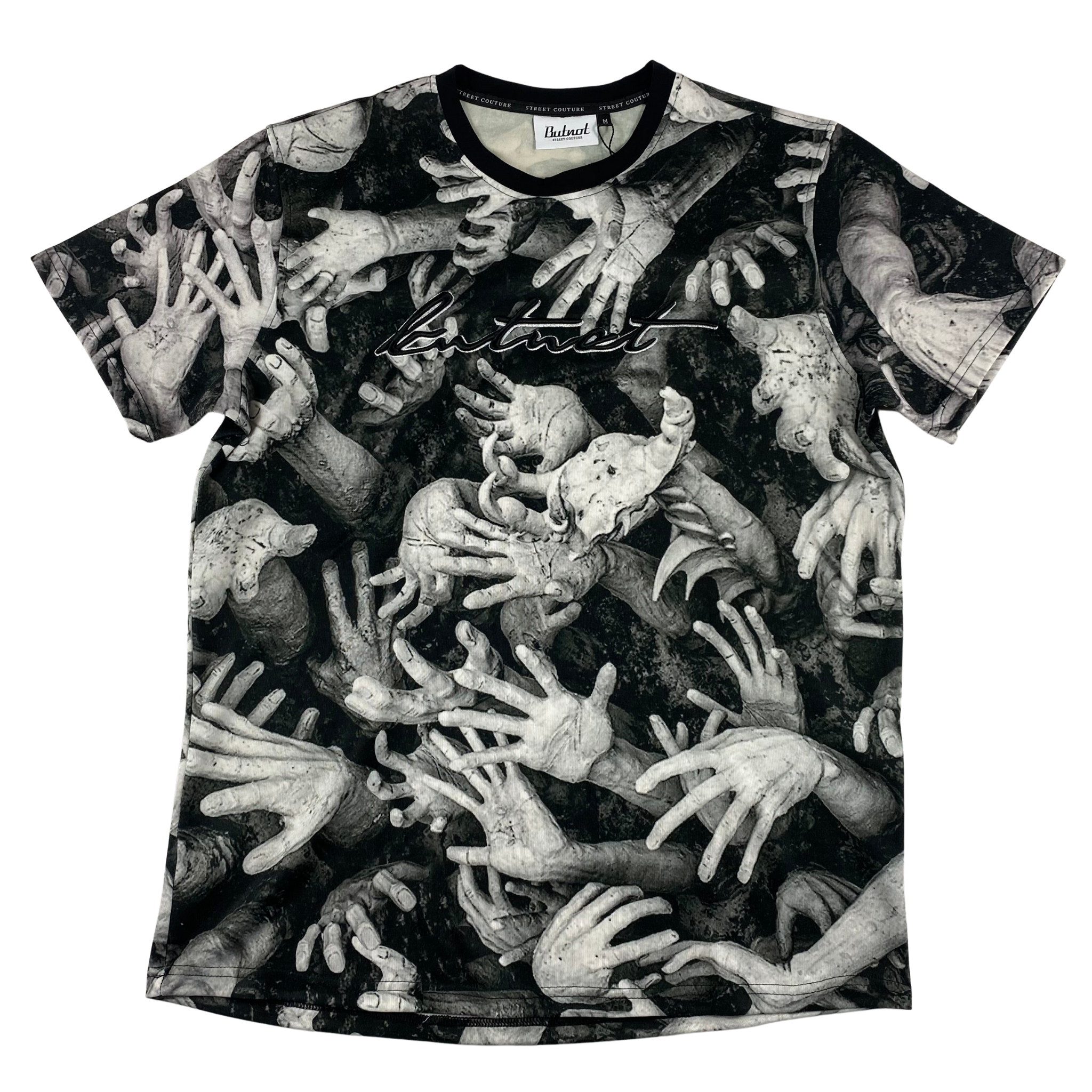 T-shirt Butnot grigia con fantasia mani alzate in cotone — IlBotteghino