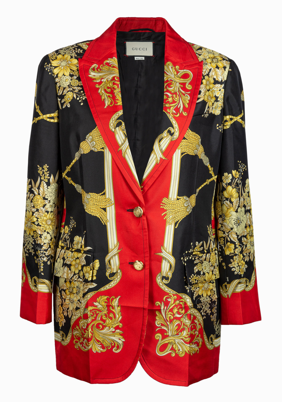 Giacca Gucci in seta con fantasia nero, rosso e oro, taglia IT 40 — IlBotteghino